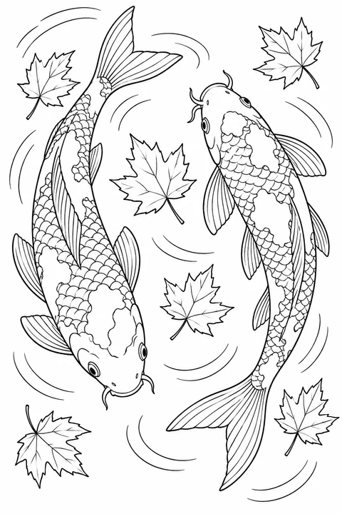 Two patterned koi swim in opposite directions among floating maple leaves and curved ripples.