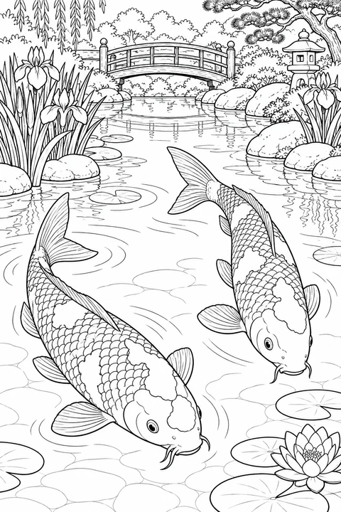 Two patterned koi swim among lily pads in a pond, with irises, stones and an arched garden bridge behind.