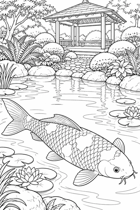 A large koi swims among water lilies, with a garden pavilion, stone path and leafy shrubs beyond the pond.