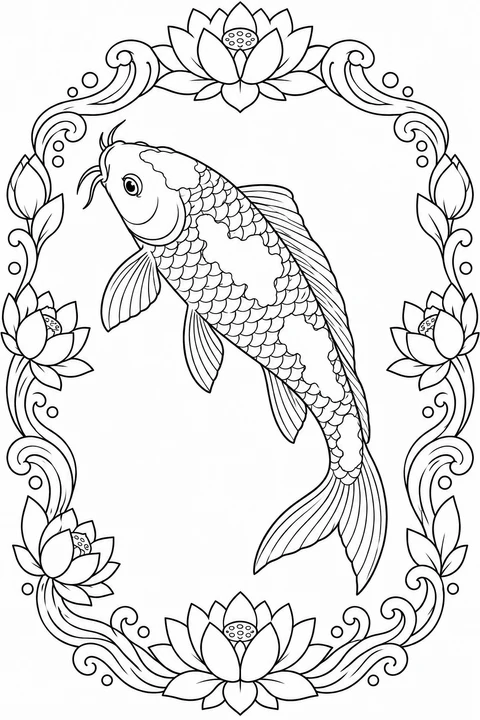 A graceful koi fills an oval decorative frame of lotus flowers, buds and curling wave patterns.