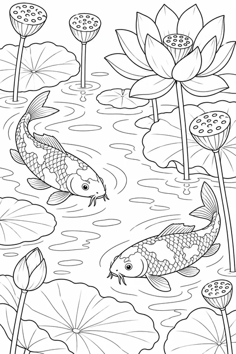 Two koi swim in different directions among lotus leaves, seedpods, a blossom and a closed flower bud.