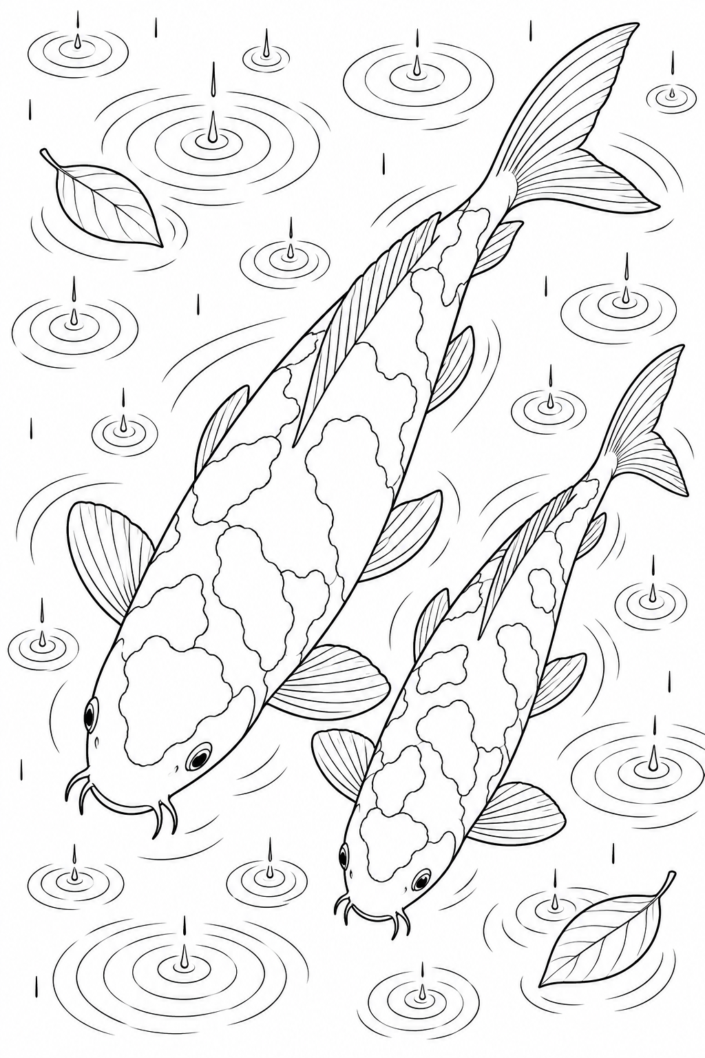 Two patterned koi swim side by side among raindrop ripples and floating leaves.