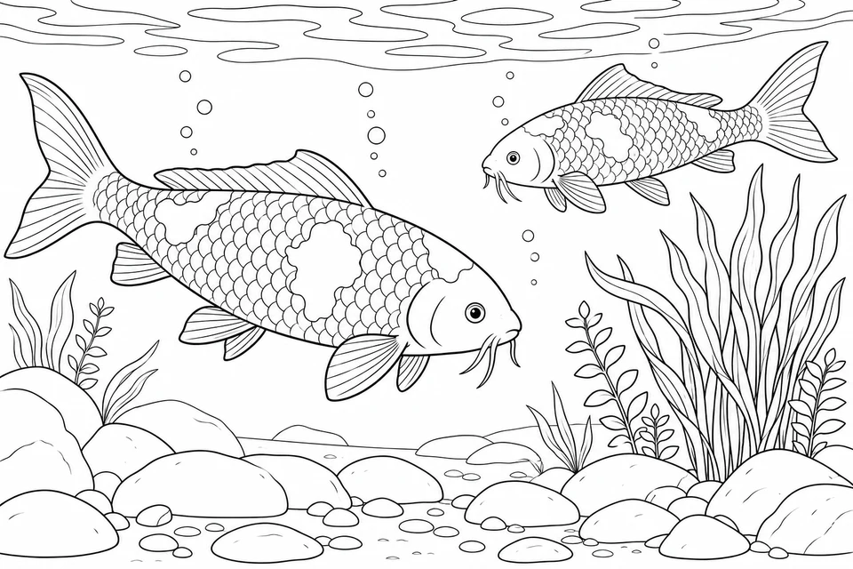Una carpa koi grande e una più piccola nuotano in direzioni opposte sopra il fondo sassoso, vicino a piante alte e bolle.