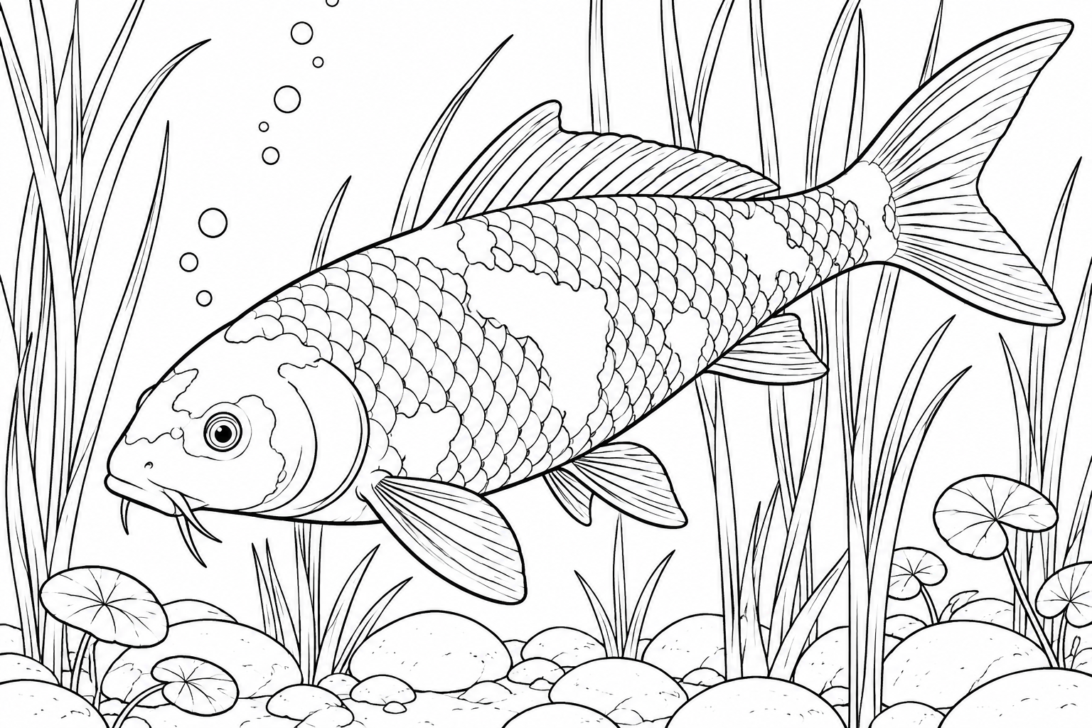 Una carpa koi vista di lato nuota tra alte piante acquatiche, bolle e ciottoli lisci.