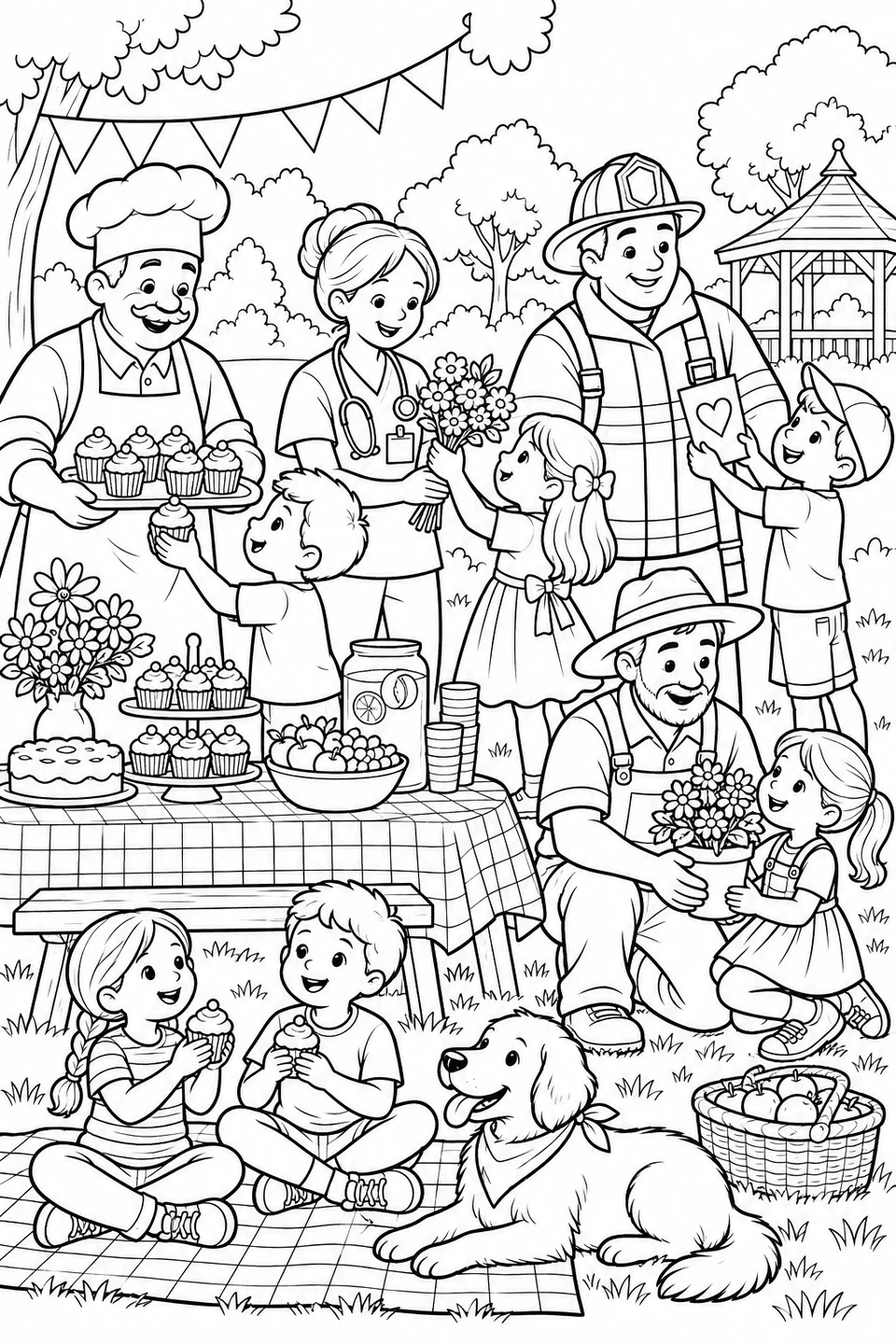Community Workers’ Picnic, printable black-and-white coloring illustration.