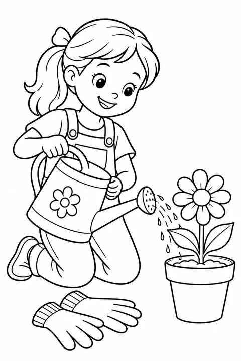 Watering Can and Gardening Gloves, printable black-and-white coloring illustration.