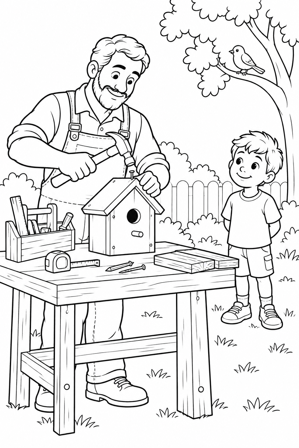Building a Birdhouse, printable black-and-white coloring illustration.