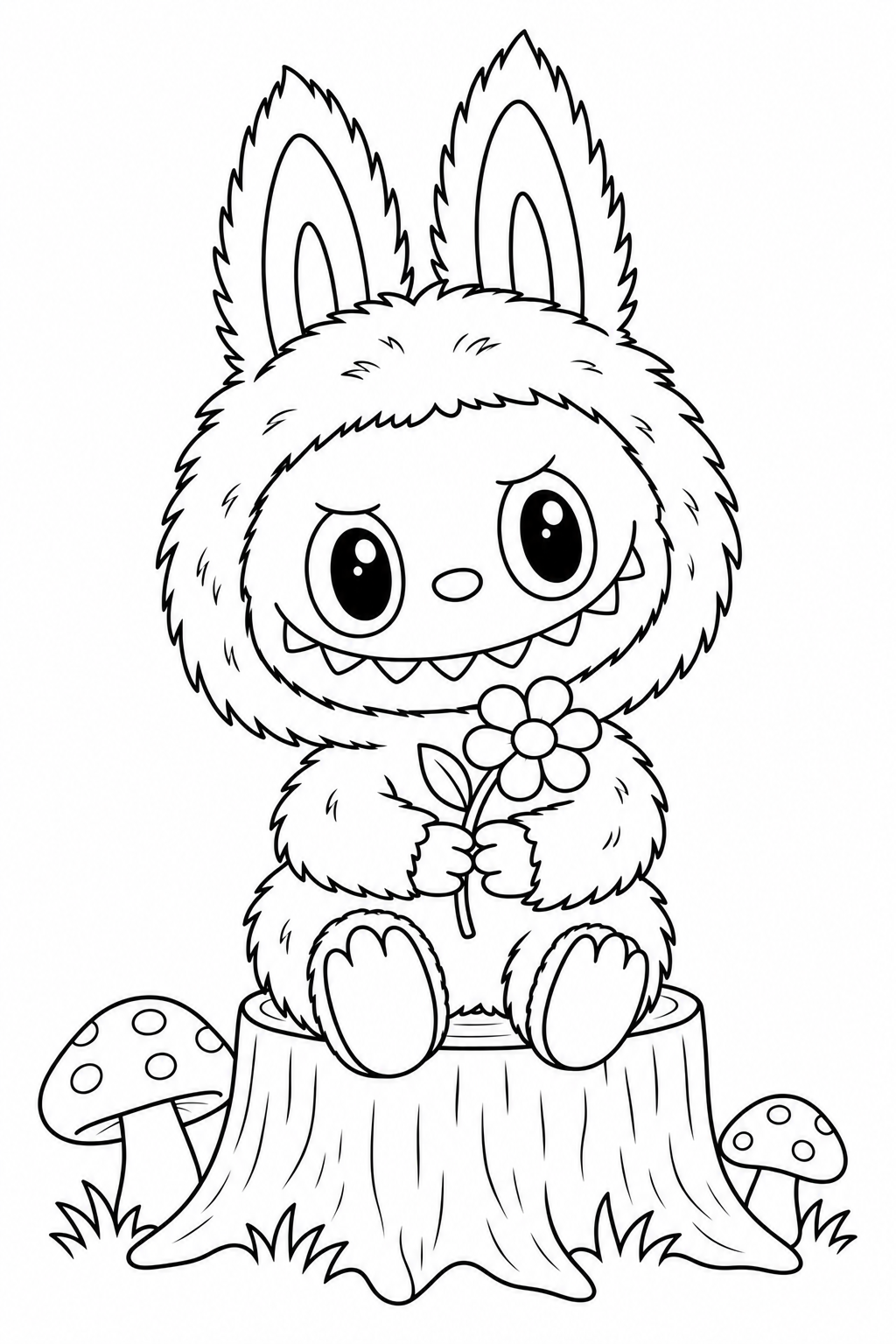 Labubu sits on a stump beside a flower and two mushrooms.