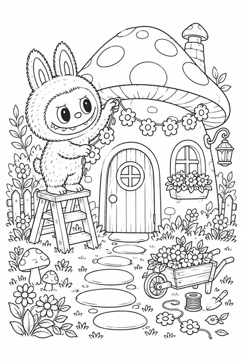 Labubu visits a mushroom house in a garden full of small details.