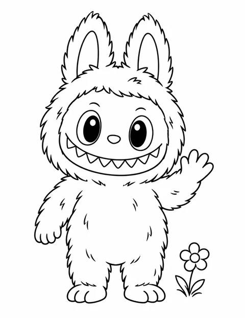 Labubu stands and waves beside a flower.