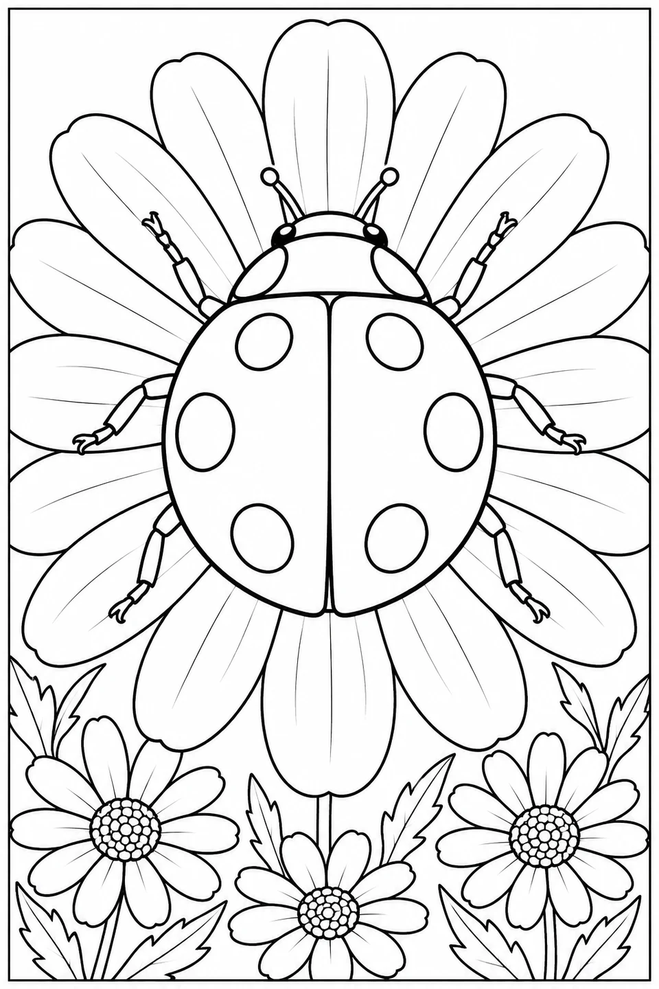 Ein großer Marienkäfer stellt seine Beine auf die Blütenblätter einer Margerite. Darunter blühen kleinere Blumen.