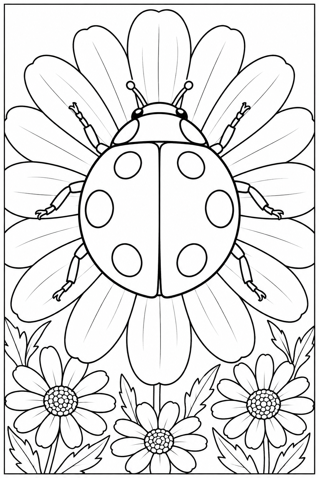 Ein großer Marienkäfer stellt seine Beine auf die Blütenblätter einer Margerite. Darunter blühen kleinere Blumen.