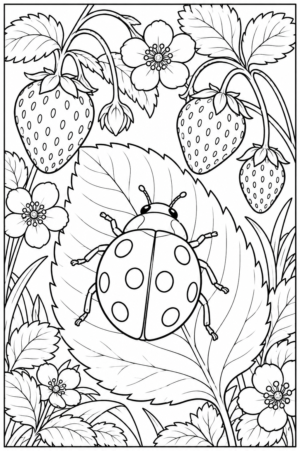 Ein Marienkäfer erkundet ein großes Blatt unter Erdbeeren und Blüten.