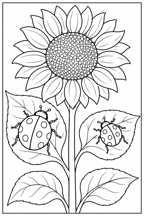 Zwei Marienkäfer klettern auf breiten Blättern unter einer großen Sonnenblume.