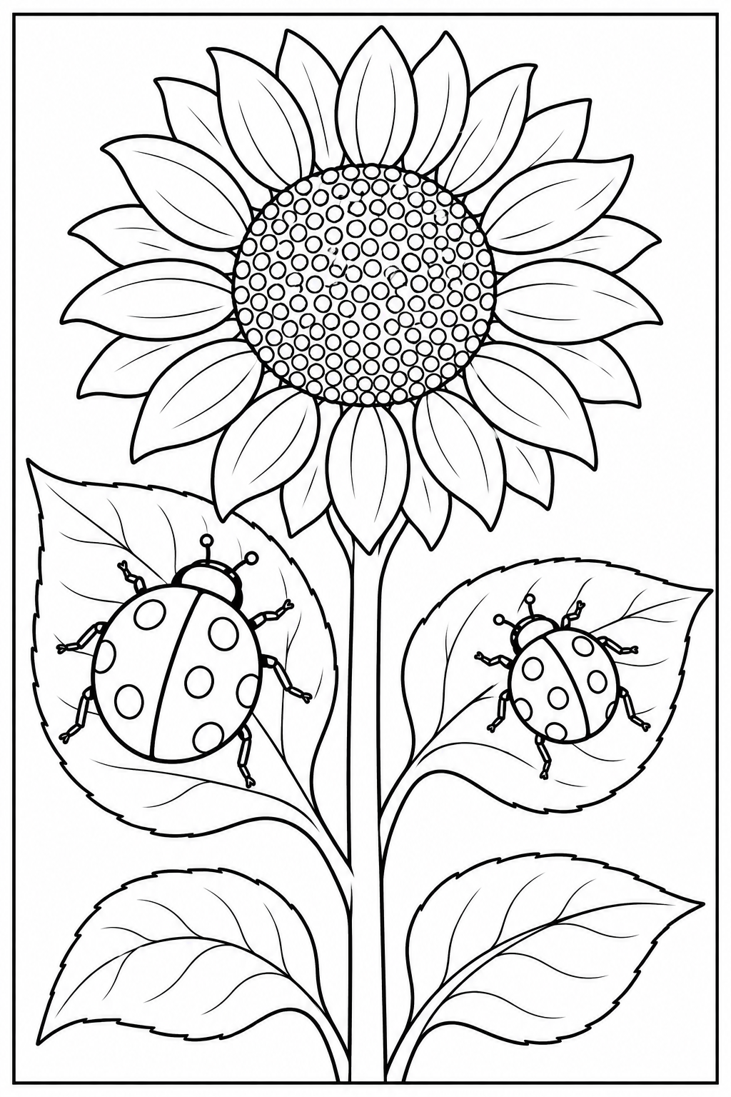 Zwei Marienkäfer klettern auf breiten Blättern unter einer großen Sonnenblume.