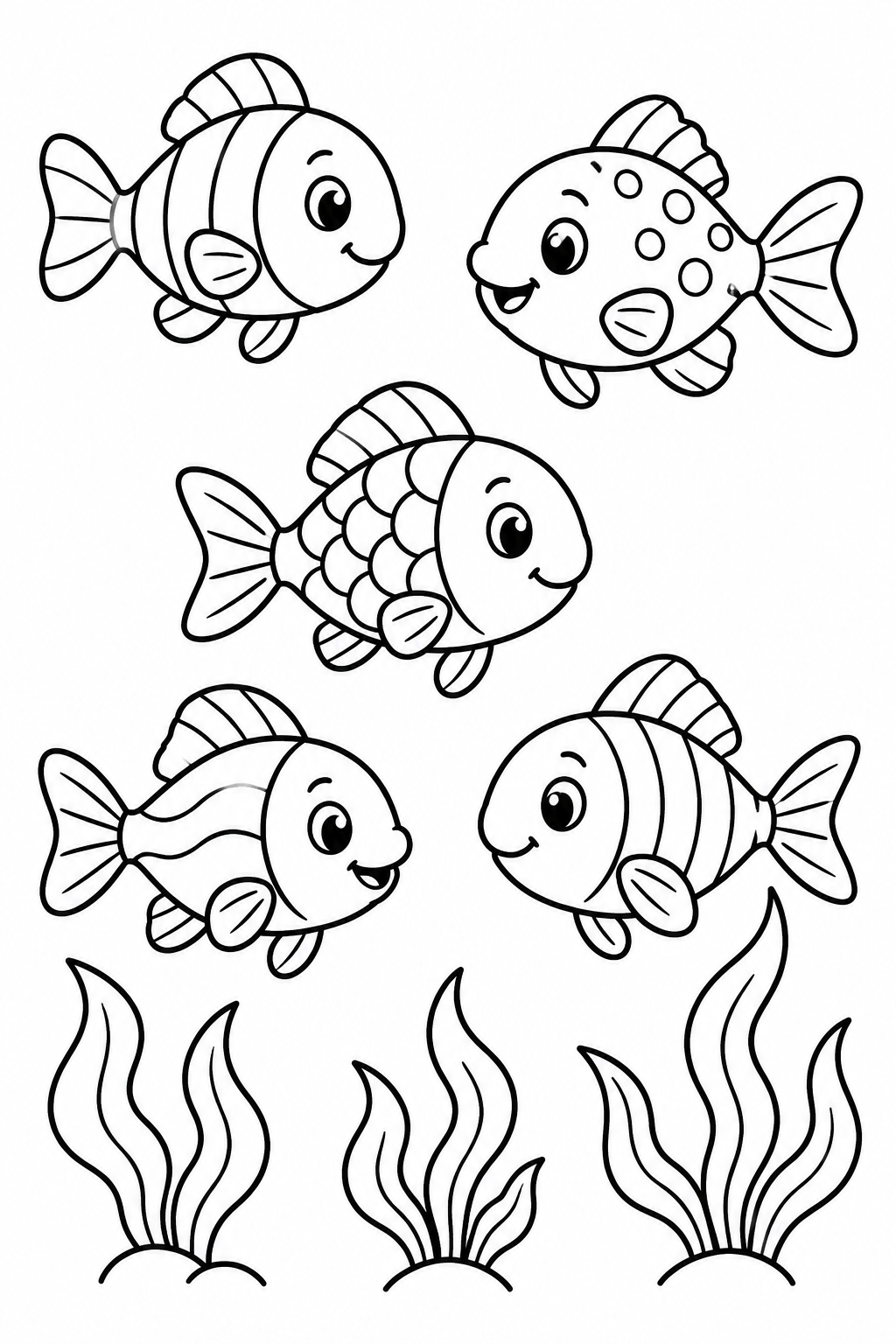 Five smiling fish with different patterns swim above seaweed.