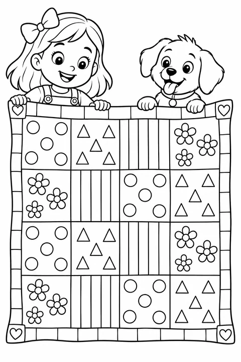 A patchwork quilt combines circles, triangles, stripes and flower patterns.