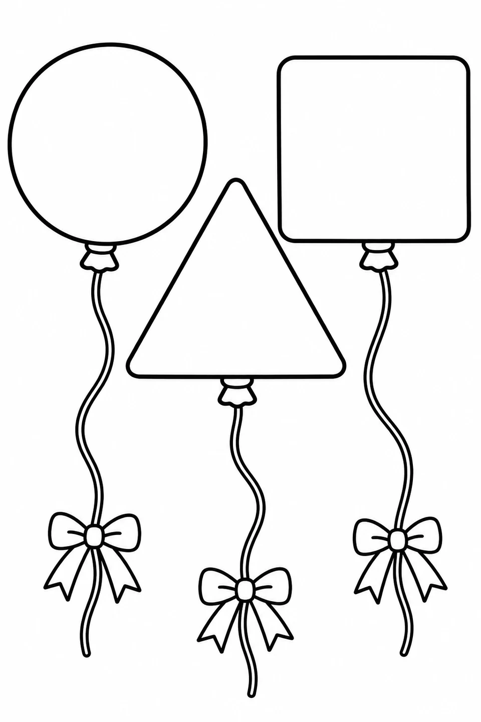 Round, triangular and rectangular balloons float above tied bows.