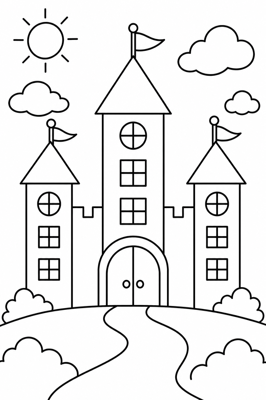 Explore a castle of rectangular towers, triangular roofs and round and square windows.