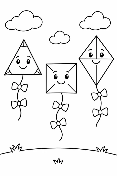 Compare the outlines of three kites and color their broad shapes.