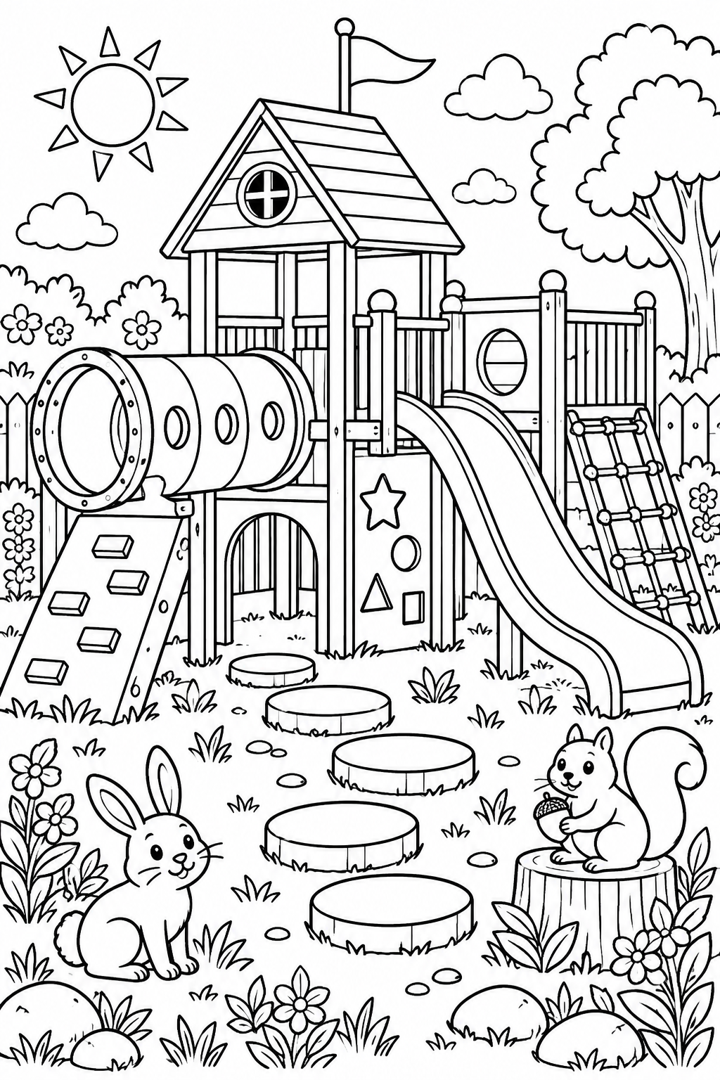 A playground combines a playhouse, tunnel, slide and geometric blocks.