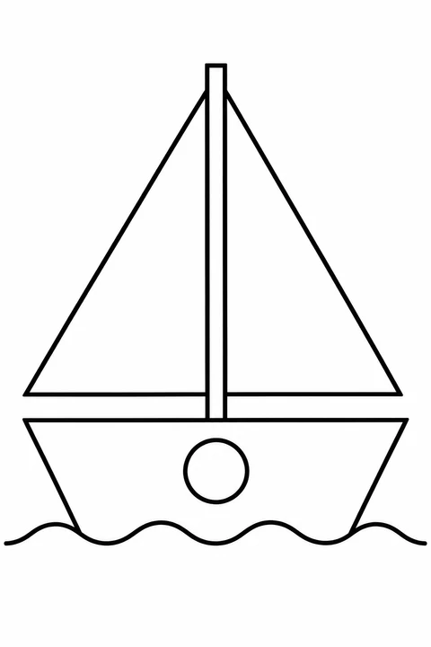 Find a triangular sail and a round porthole on a simple sailboat.