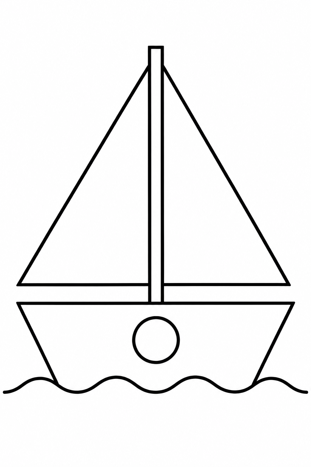 Find a triangular sail and a round porthole on a simple sailboat.