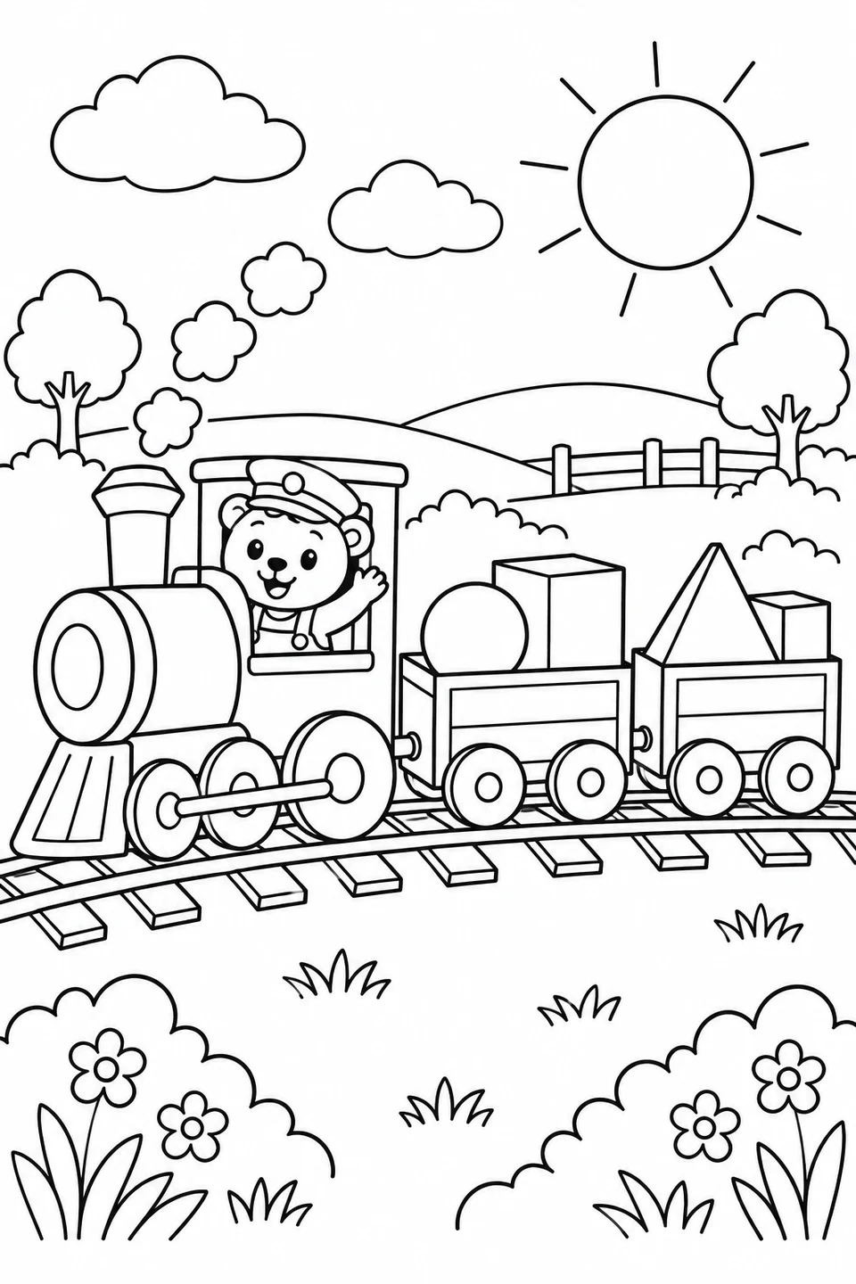 A toy train carries geometric blocks on its wagons.