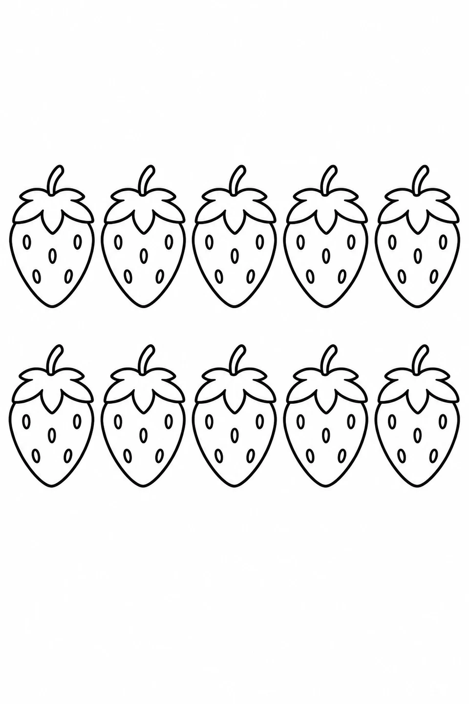 Count ten strawberries arranged in two rows of five, then color them.