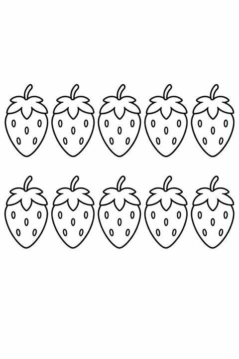 Count ten strawberries arranged in two rows of five, then color them.