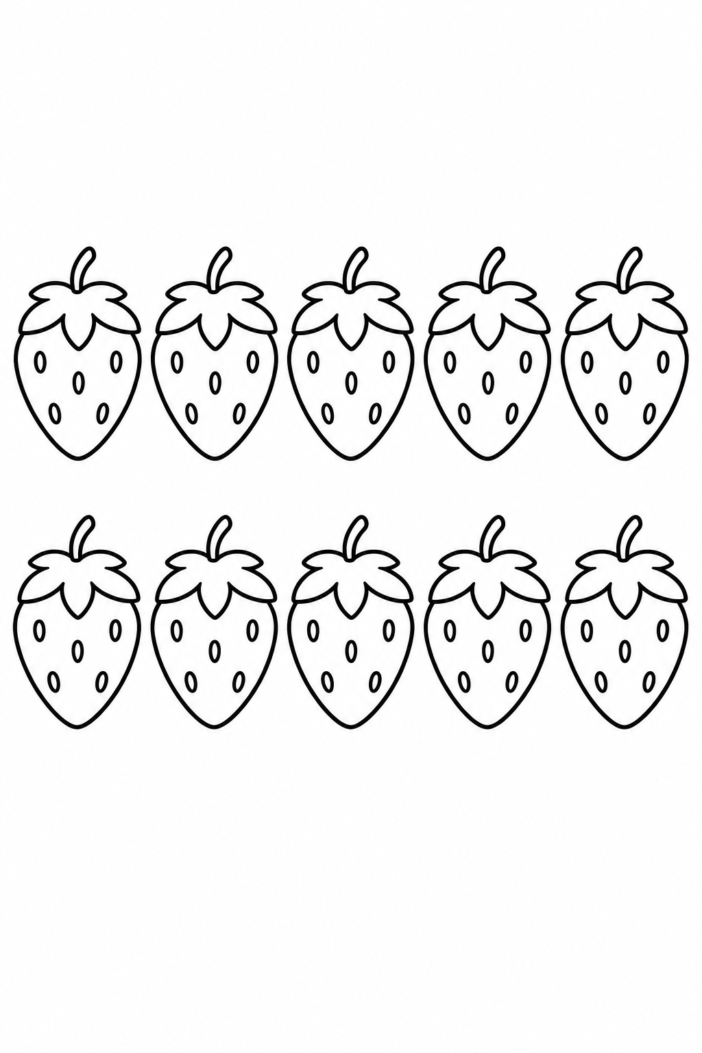 Count ten strawberries arranged in two rows of five, then color them.