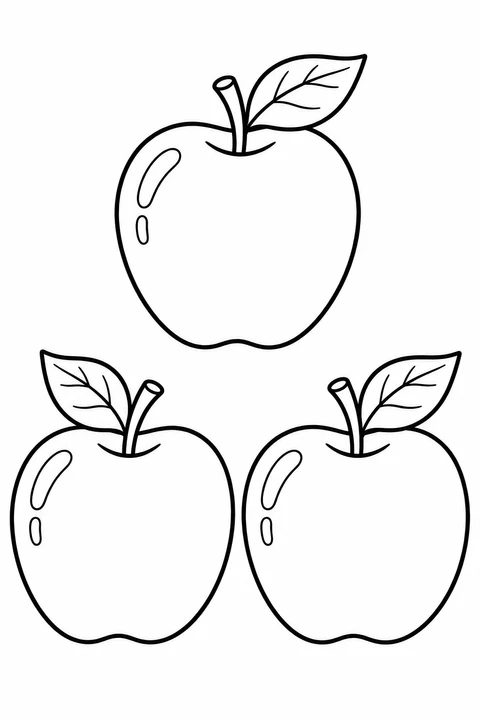 Three large apples each have a leaf and a short stem.