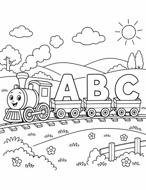 A toy train carries the large letters A, B and C through a cheerful landscape.