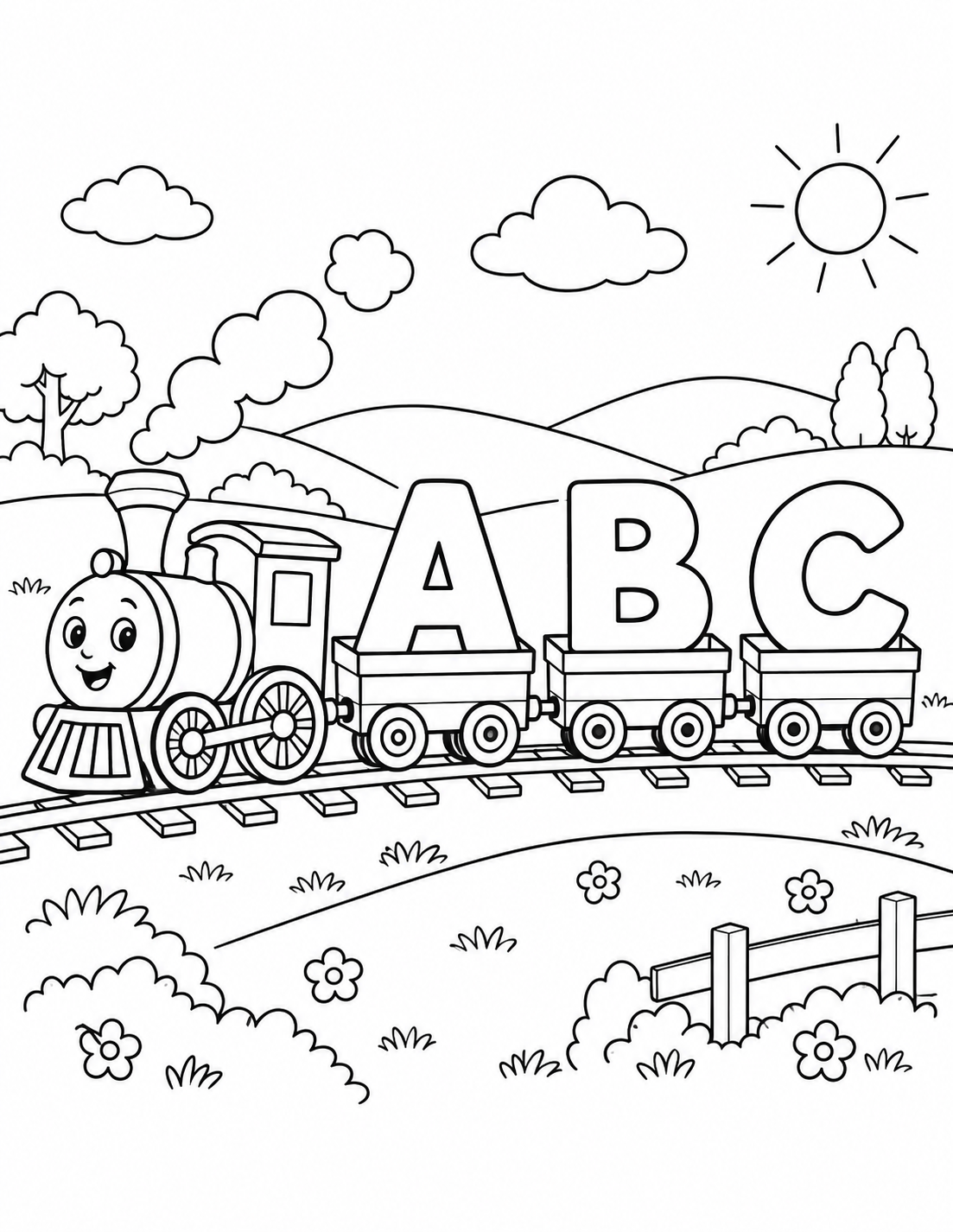 A toy train carries the large letters A, B and C through a cheerful landscape.