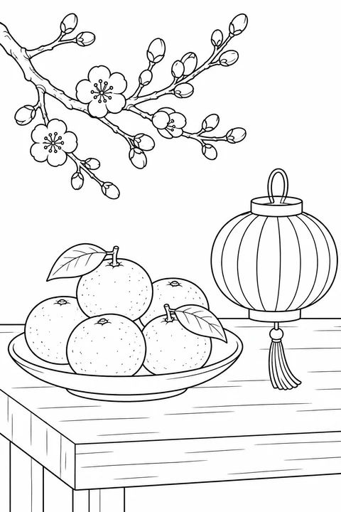 Five mandarins share a table with a small lantern beneath a flowering branch.