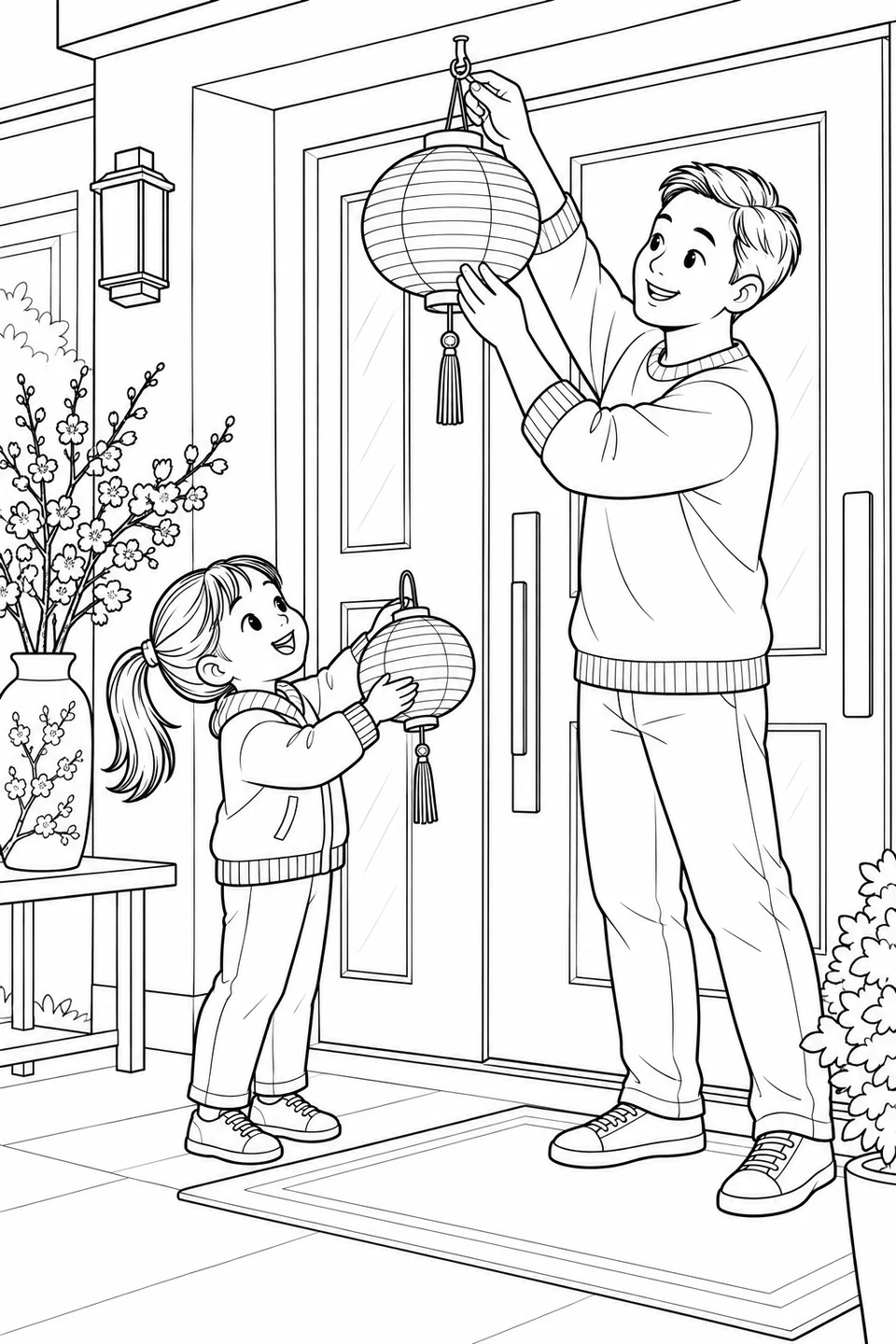 A parent hangs a lantern by the front door while a child holds another lantern.