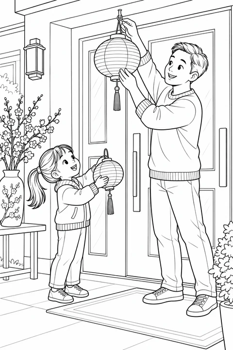 A parent hangs a lantern by the front door while a child holds another lantern.
