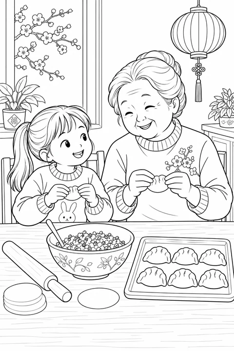 A grandmother and child fold crescent-shaped dumplings together at the kitchen table.