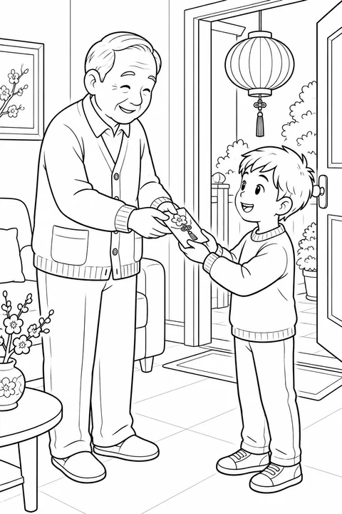 A grandfather gives a child a closed gift envelope decorated with a flower.