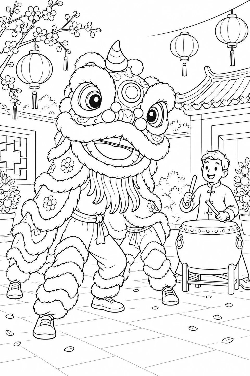 A friendly lion costume and a drummer bring a festive courtyard scene to life.