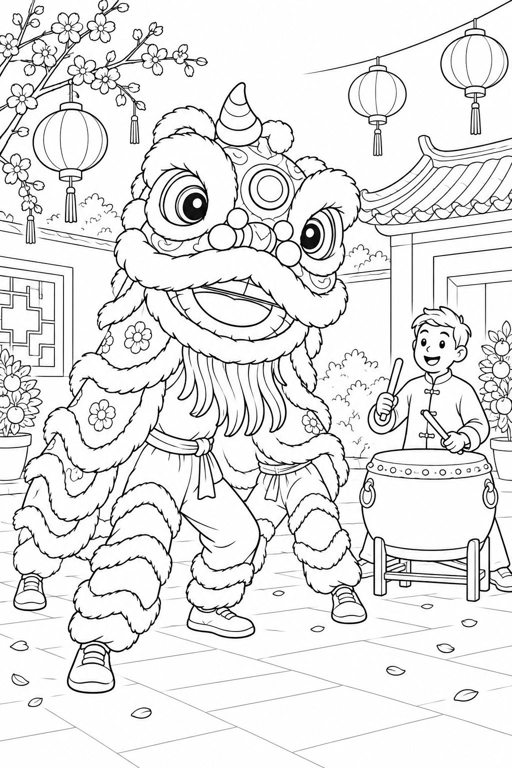 A friendly lion costume and a drummer bring a festive courtyard scene to life.