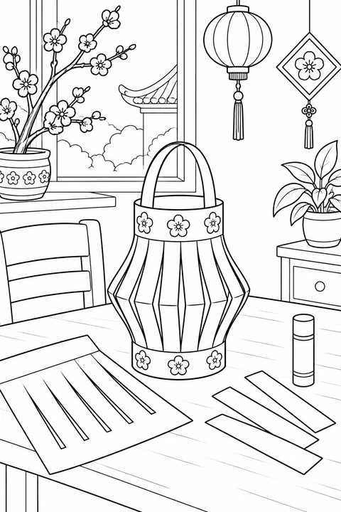 A handmade paper lantern, cut paper strips and a glue stick sit on a craft table.