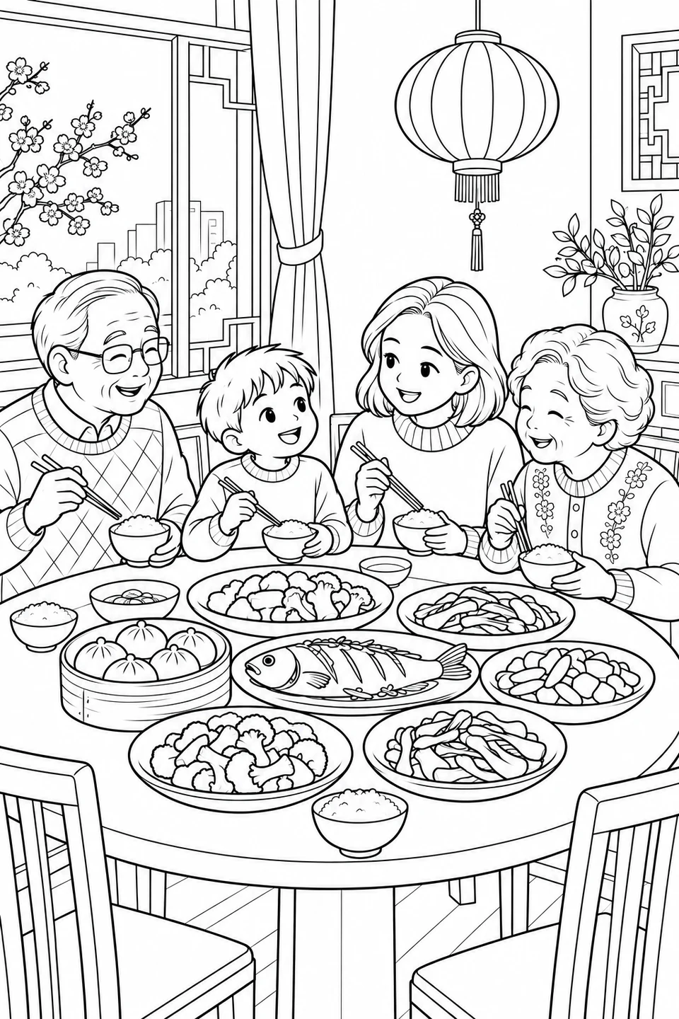 Una famiglia condivide riso, pesce, panini al vapore e verdure intorno a un tavolo rotondo sotto una lanterna.