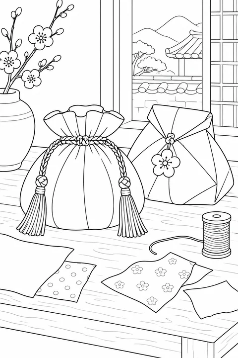 Two decorative bokjumeoni pouches sit beside fabric scraps and a spool of thread.