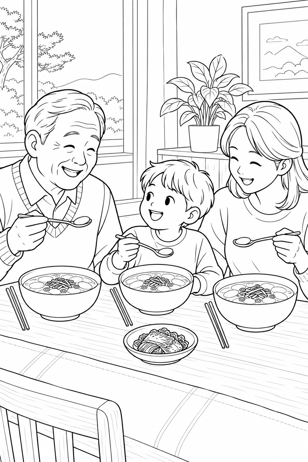 Grandfather, mother and child enjoy bowls of rice-cake soup together at the table.