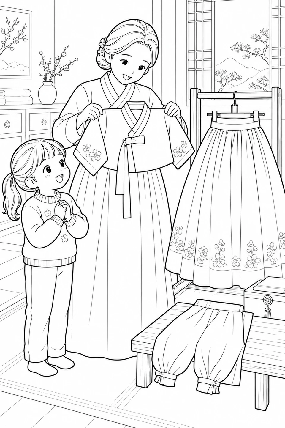 A mother holds up a short hanbok jacket beside a hanging skirt and folded trousers.