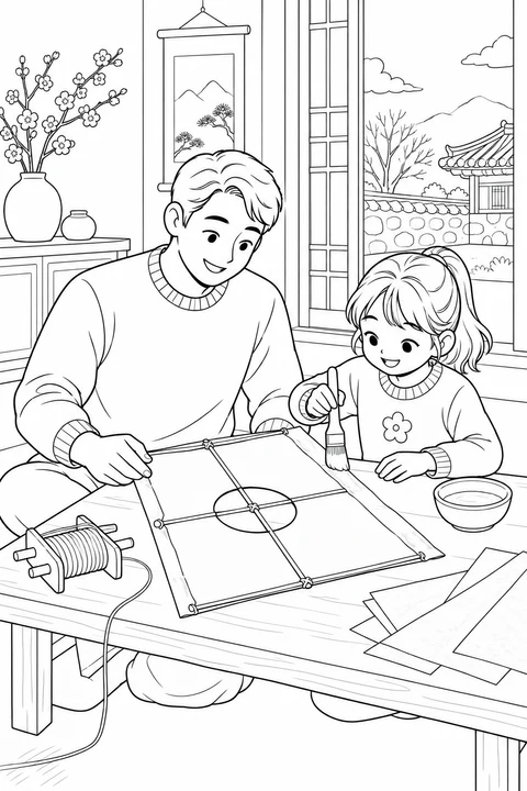 A parent and child make a rectangular Korean shield kite with a circular opening in the center.