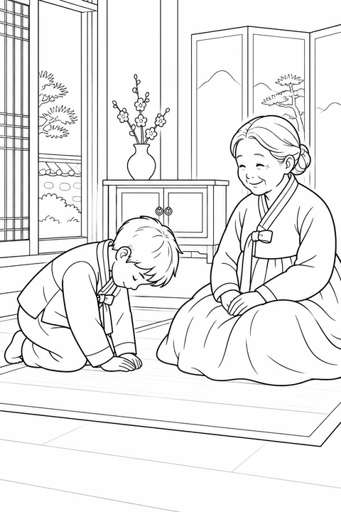 A boy wearing hanbok bows respectfully to his seated grandmother for Seollal.