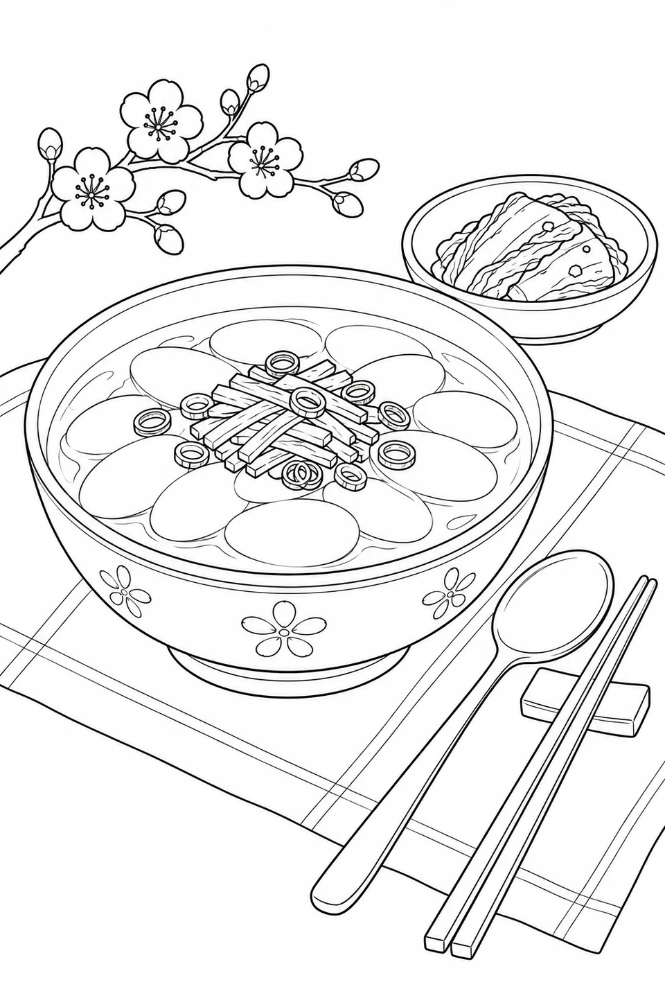 A bowl of tteokguk holds oval rice-cake slices, egg strips and scallion rings beside a spoon and chopsticks.