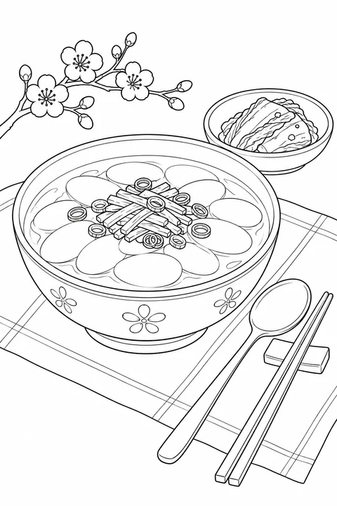 A bowl of tteokguk holds oval rice-cake slices, egg strips and scallion rings beside a spoon and chopsticks.